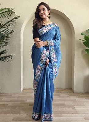 Blue Tussar silk blend Embroidered Saree 3