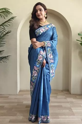 Blue Tussar silk blend Embroidered Saree