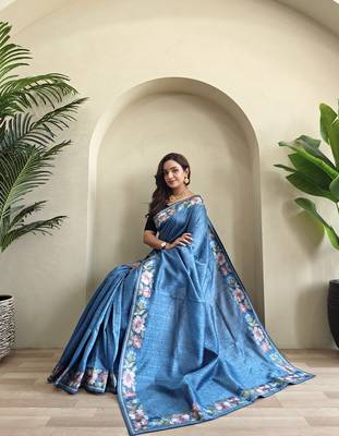 Blue Tussar silk blend Embroidered Saree 4