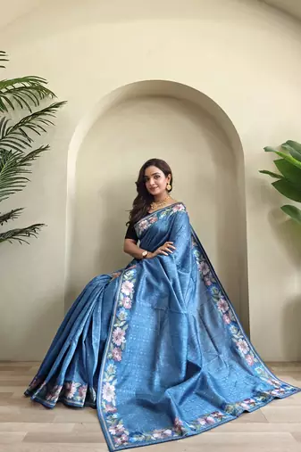Blue Tussar silk blend Embroidered Saree