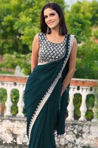 teal georgette sequin saree with blouse