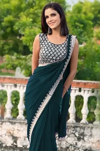 teal georgette sequin saree with blouse