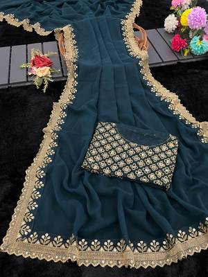 teal georgette sequin saree with blouse 3