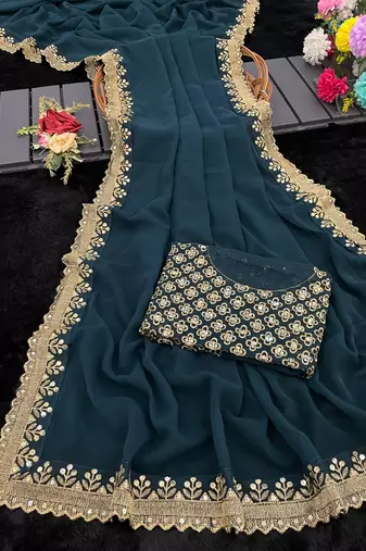 teal georgette sequin saree with blouse