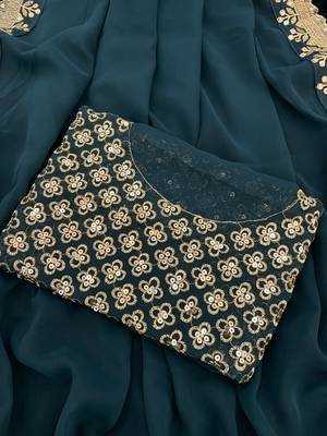 teal georgette sequin saree with blouse 4
