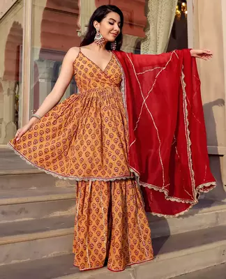 Beige embroidered Gota Work Suit Set  Suit Set With Gota Work Dupatta 1