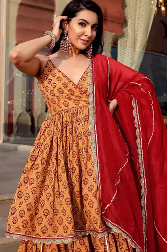 Beige embroidered Gota Work Suit Set  Suit Set With Gota Work Dupatta