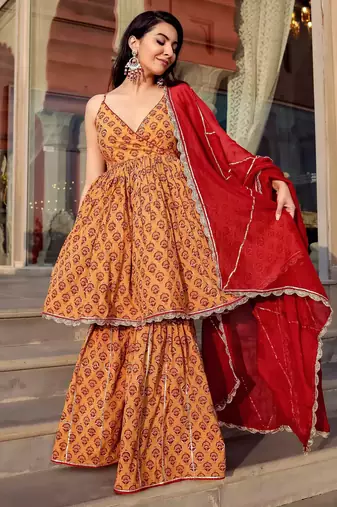 Beige embroidered Gota Work Suit Set  Suit Set With Gota Work Dupatta