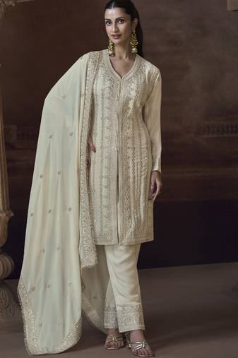 Off white chinon silk embroidered designer palazzo suit