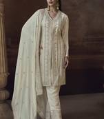 Off white chinon silk embroidered designer palazzo suit