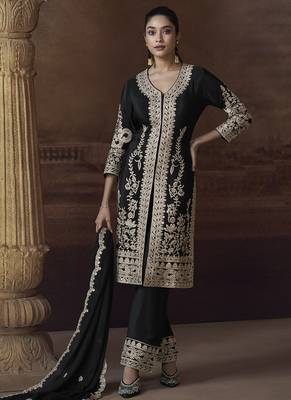 Black chinon silk embroidered designer Palazzo suit 1