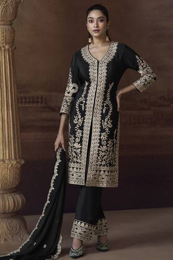 Black chinon silk embroidered designer plazzo suit