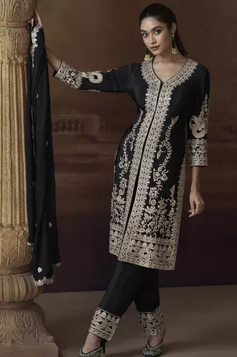 Black chinon silk embroidered designer Palazzo suit