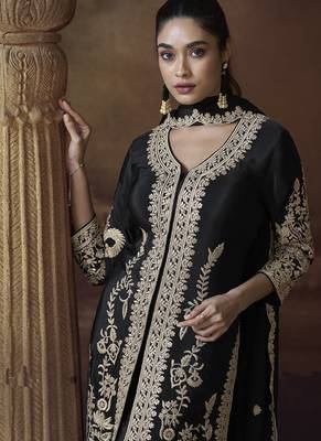 Black chinon silk embroidered designer Palazzo suit 3