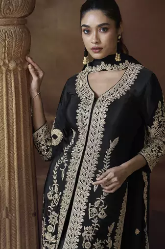 Black chinon silk embroidered designer Palazzo suit