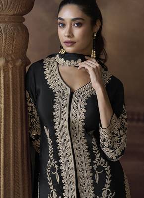 Black chinon silk embroidered designer Palazzo suit 4
