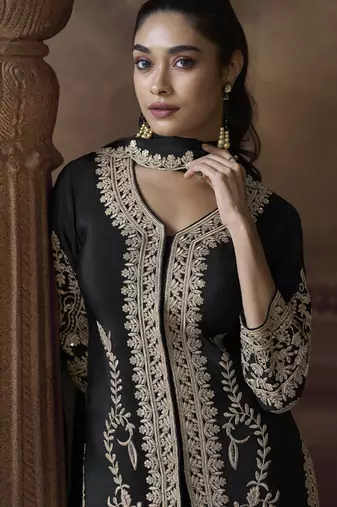 Black chinon silk embroidered designer Palazzo suit