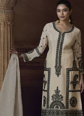 Off white chinon silk embroidered designer Palazzo suit 1