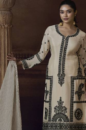 Off white chinon silk embroidered designer plazzo suit