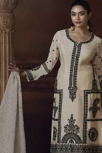 Off white chinon silk embroidered designer plazzo suit