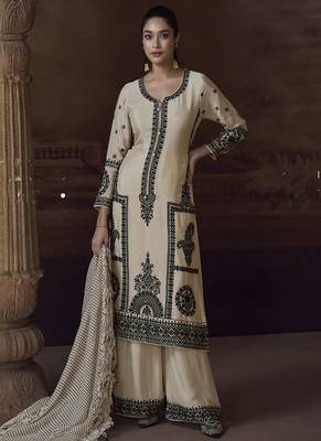 Off white chinon silk embroidered designer Palazzo suit 2