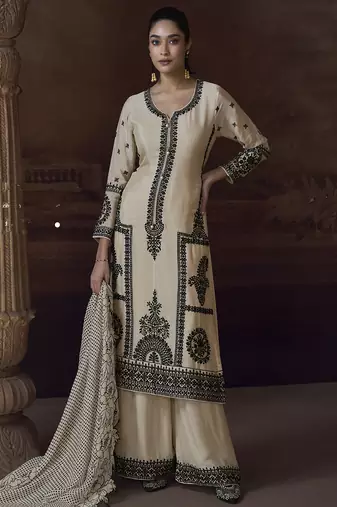 Off white chinon silk embroidered designer Palazzo suit