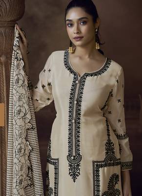 Off white chinon silk embroidered designer Palazzo suit 3