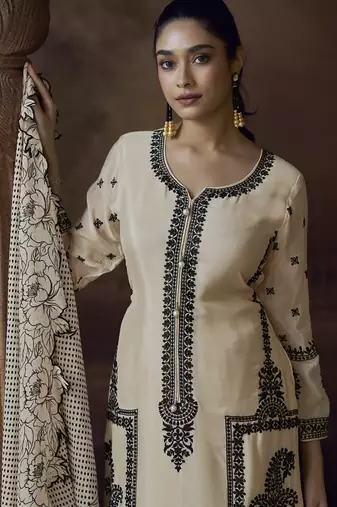Off white chinon silk embroidered designer Palazzo suit