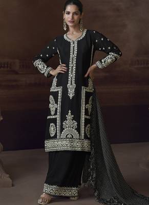 Black chinon silk embroidered designer Palazzo suit 1