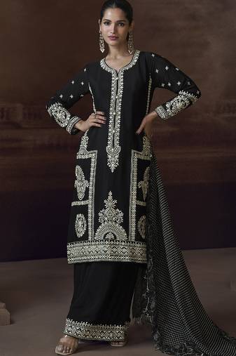 Black chinon silk embroidered designer plazzo suit