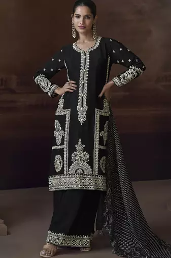 Black chinon silk embroidered designer plazzo suit
