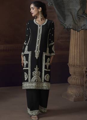 Black chinon silk embroidered designer Palazzo suit 2