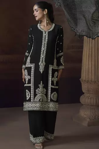Black chinon silk embroidered designer Palazzo suit