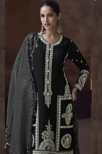 Black chinon silk embroidered designer Palazzo suit