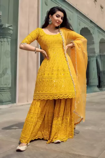 Yellow Embroidered Sharara Suit Set With Dupatta Beautiful Festival Wear Suit Set 