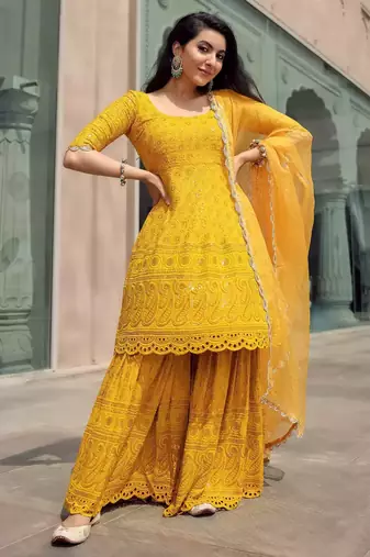 Yellow Embroidered Sharara Suit Set With Dupatta Beautiful Festival Wear Suit Set 