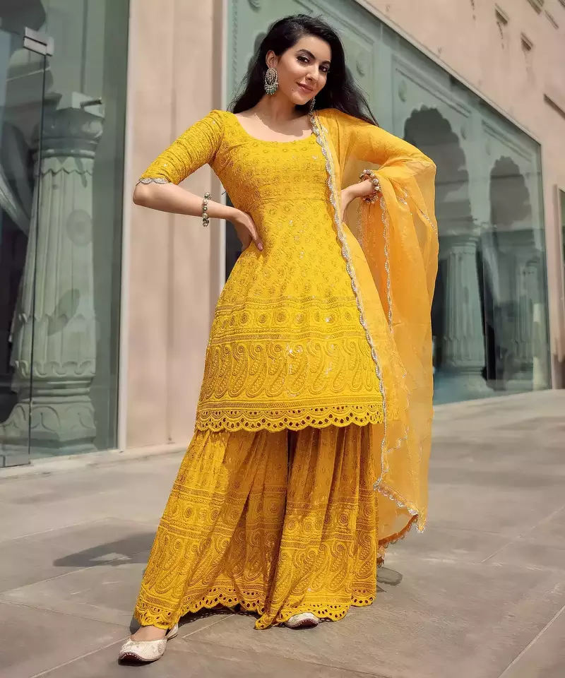 Yellow Embroidered Sharara Suit Set With Dupatta Beautiful Festival Wear Suit Set 