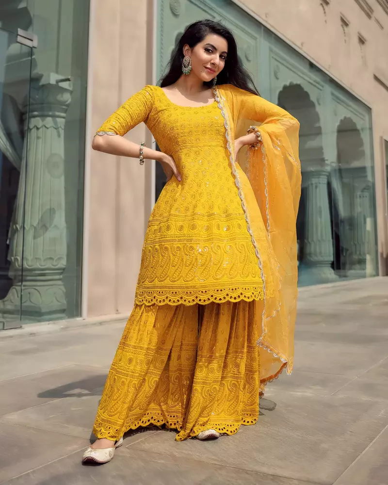 Yellow Embroidered Sharara Suit Set With Dupatta Beautiful Festival Wear Suit Set 