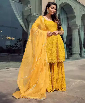 Yellow Embroidered Sharara Suit Set With Dupatta  Festival Wear Suit Set  3