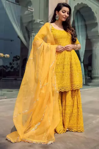 Yellow Embroidered Sharara Suit Set With Dupatta  Festival Wear Suit Set 