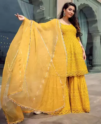 Yellow Embroidered Sharara Suit Set With Dupatta  Festival Wear Suit Set  5