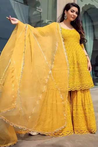 Yellow Embroidered Sharara Suit Set With Dupatta  Festival Wear Suit Set 
