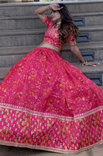 Wonderful Pink Floral Printed Organza Lehenga Choli With Dupatta