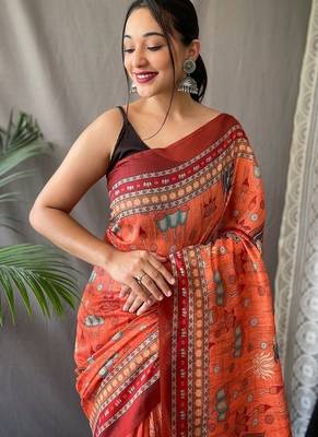 Orange Cotton Digital Printed Saree 1