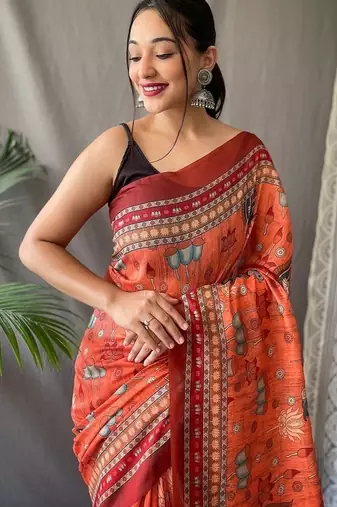 Orange Cotton Digital Printed Saree