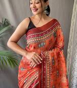 Orange Cotton Digital Printed Saree