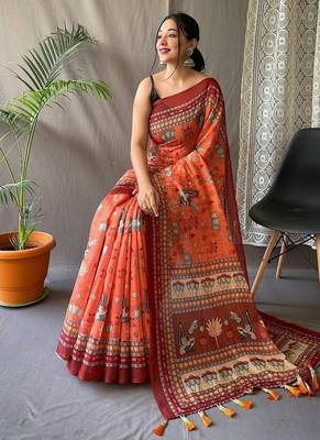 Orange Cotton Digital Printed Saree 2
