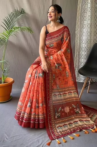 Orange Cotton Digital Printed Saree