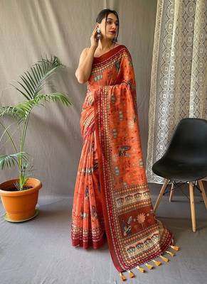 Orange Cotton Digital Printed Saree 3
