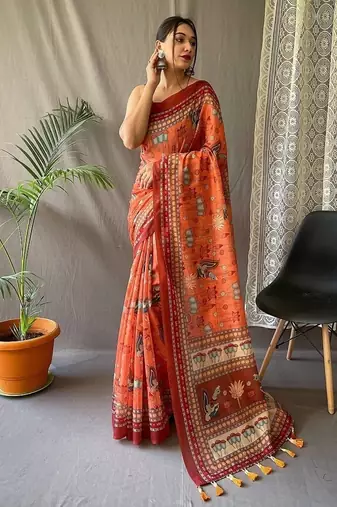 Orange Cotton Digital Printed Saree